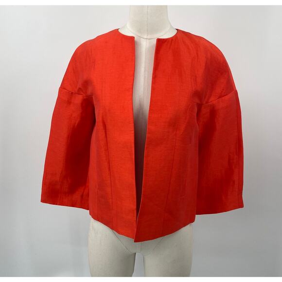LK Bennett Open Front Blazer Jacket Bolero Cropped Silk Linen Orange Womens 4 - Picture 2 of 7
